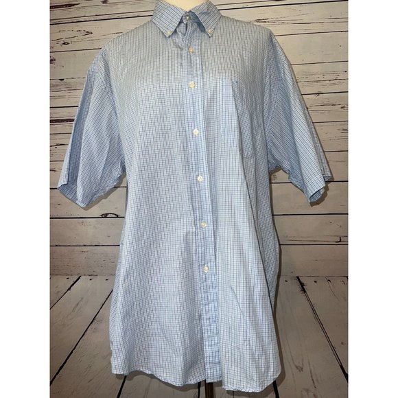 Brooks Brothers Short Sleeve Button Front Sport Shirt Large Plaid Cotton‎ Blue - Picture 1 of 8